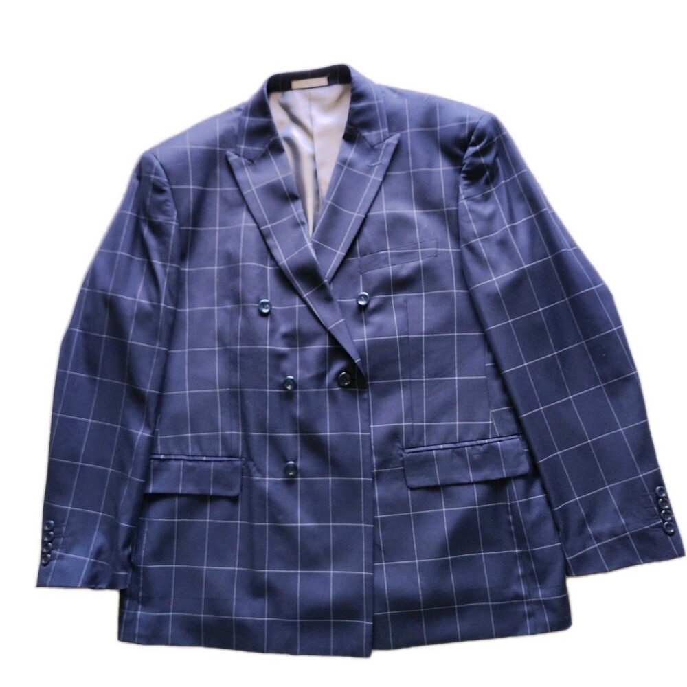 VINCI Men's 40R Windowpane Double-Breasted 6-Button Modern Suit Jacket & Pants